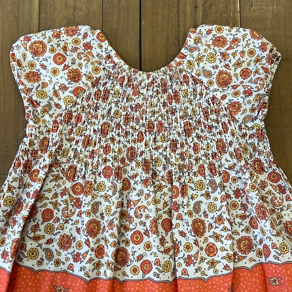 Janie and jack vintage Orange scarf print floral smocked cap sleeve dress - Picture 2 of 8